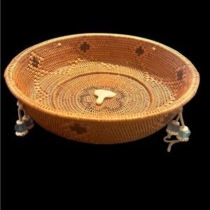 9” Round Bowl Grass   Basket with Carved  Bone Whale Tail Sea Glass Alaskan